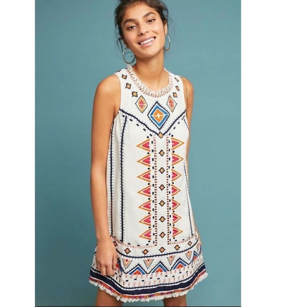 NWT Anthropologie Akemi + Kin Reagan Mini Dress Embroidered Linen $228 SIZE 14